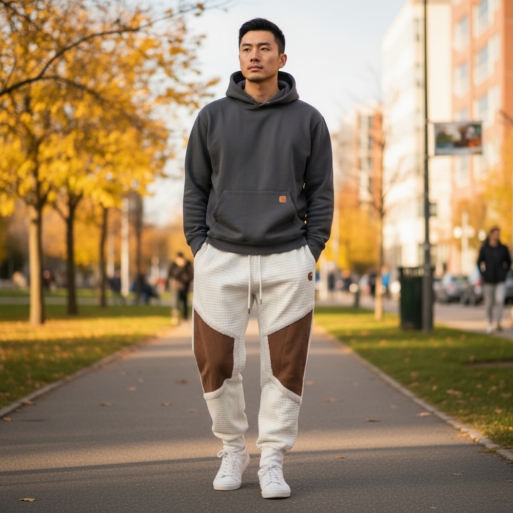 Men's Textured‎ Offwhite & Brown Joggers With Sherpa Detailing Drawstring Waist